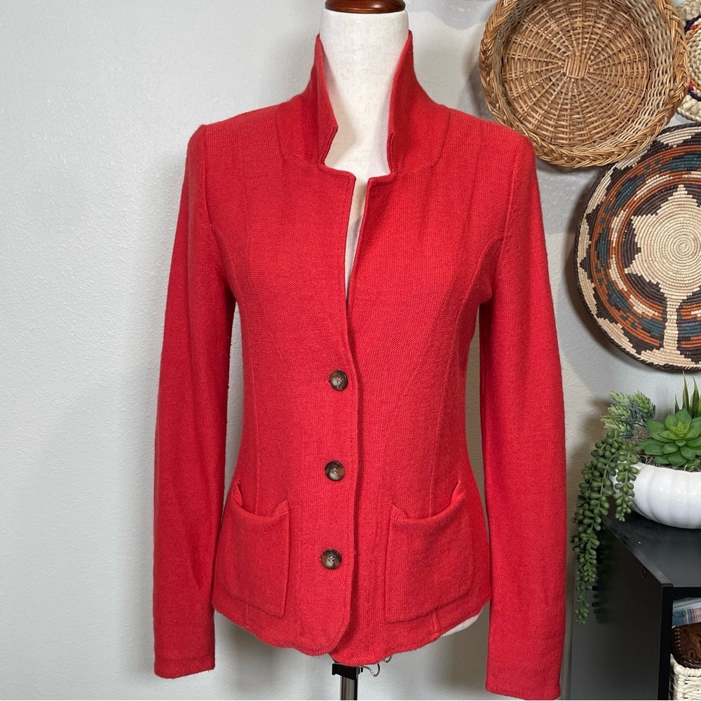 Tahari Jacket Blazer Cardigan Merino Wool Blend Pockets Red/Orange VTG Medium